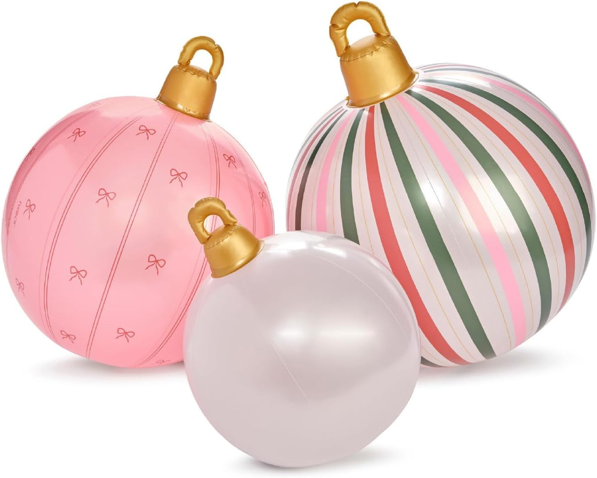 FUNBOY Giant Inflatable Light-Up Pink Christmas Ornaments, 3-Pack / 24'' 22'' and 16.5'' Sizes, Indoor/Outdoor