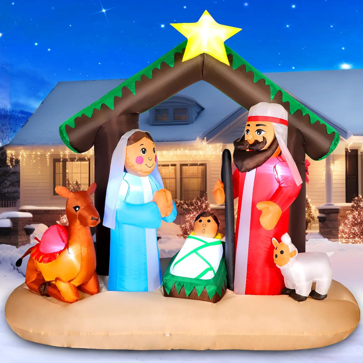 7FT Christmas Inflatable Nativity Scene with Baby Jesus, Parents, Donkey, Sheep, Star, Blow Up Manger Set
