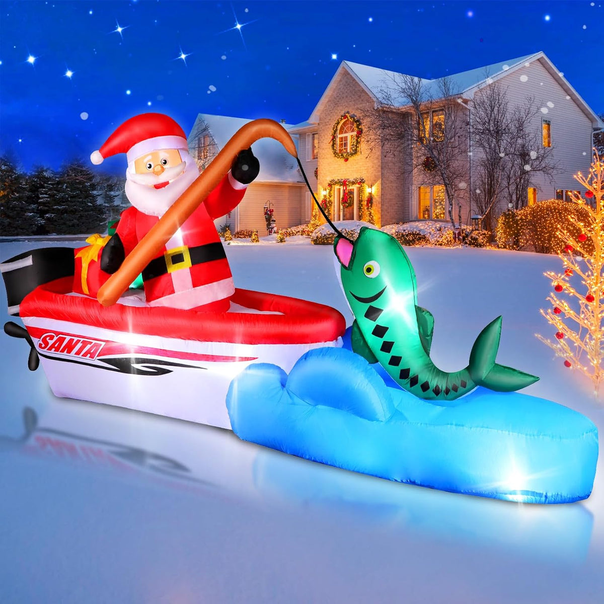 FunFanso 11 FT Christmas Inflatable Santa Claus Fishing on the Boat, Blow up Outdoor Decorations with