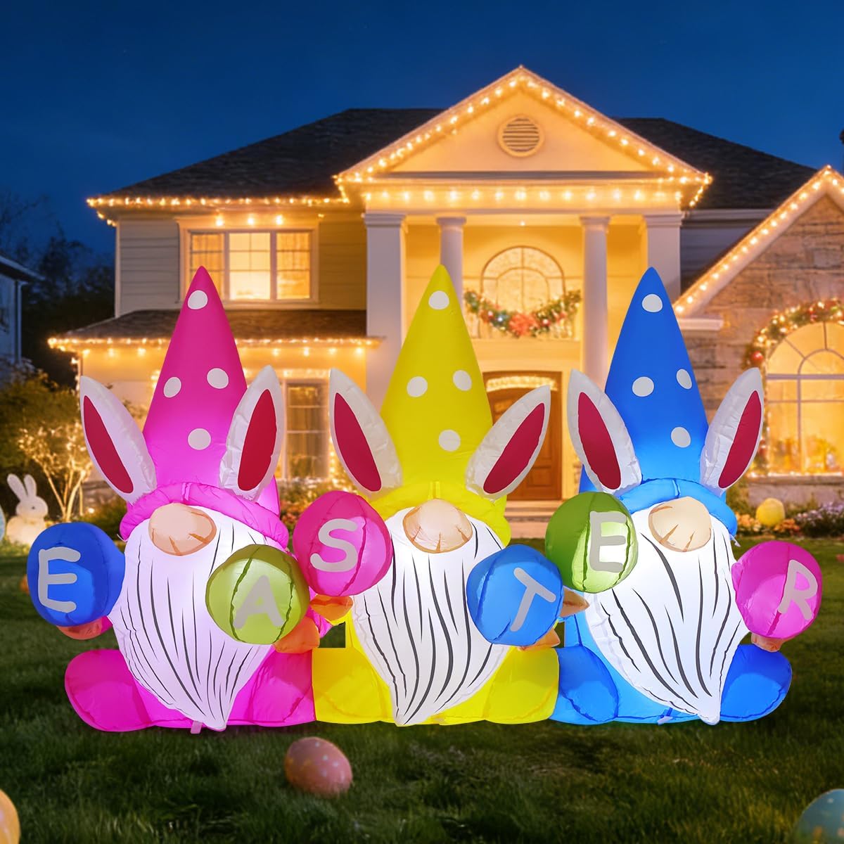 GOOSH 6.4 FT Long Easter Gnome Inflatables Outdoor Decorations Blow Up Yard Cute Gnome Couple Wearing Bunny