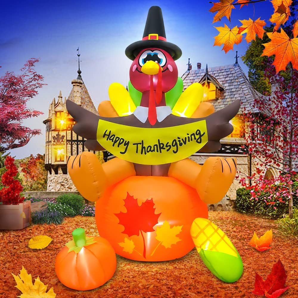6FT Thanksgiving Inflatable Turkey Sat on Pumpkin Thanksgiving Inflatables Outdoor Decorations with LED
