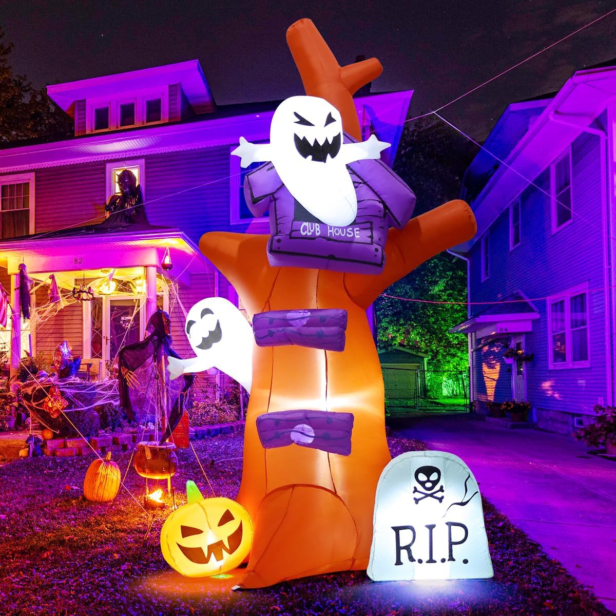GOOSH 9 FT Halloween Inflatables Tree Outdoor Decorations Blow Up Yard Huge Tree with Pumpkin Tombstone with