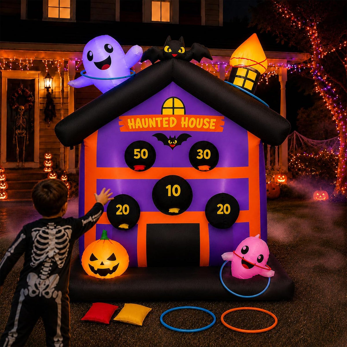 4.8 FT Halloween Inflatables Outdoor Haunted House Toss Game Yard Decor / Light Up Display,Score Toss
