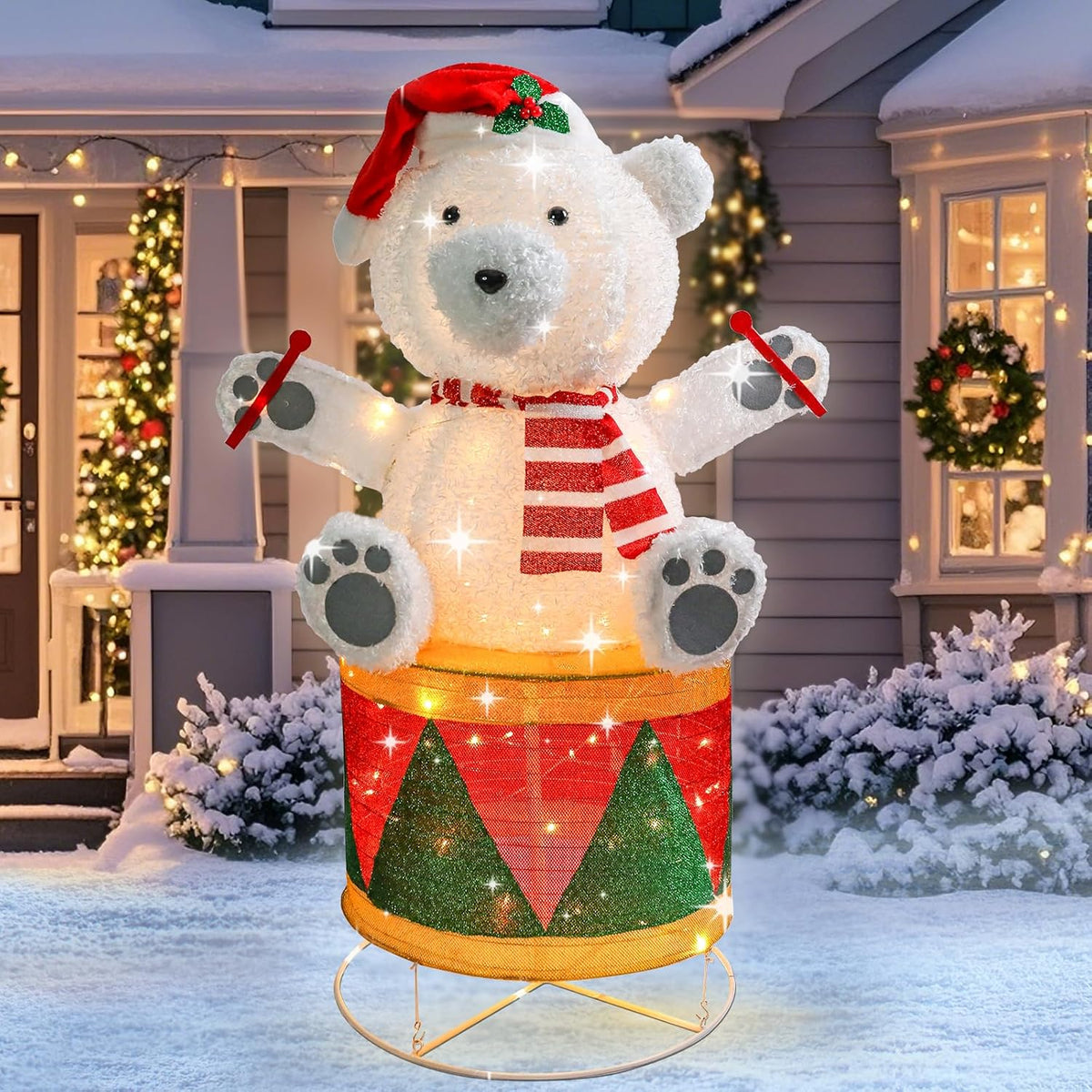 MUMTOP 4 FT Lighted Christmas Bear Outdoor Indoor Holiday Display / Large Lighted Christmas Bear With Drum,
