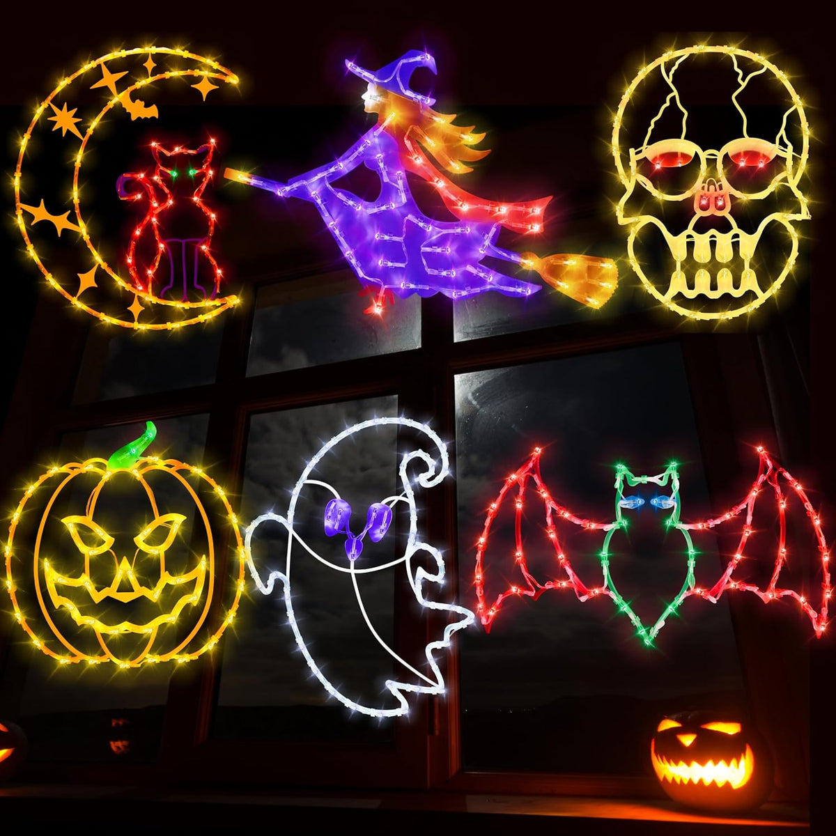 Pytopkto 16" Halloween Window Silhouette Lights Decorations / Ghost ＆ Pumpkin ＆ Witch ＆ Bat ＆ Skull Head ＆