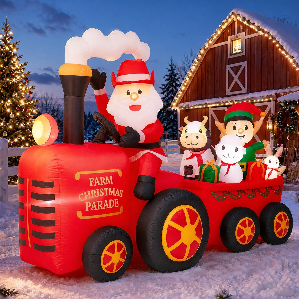 8.5FT Christmas Inflatables Santa Tractor Farm Christmas Outdoor Decorations / with Farm Animals, Santa, Elf