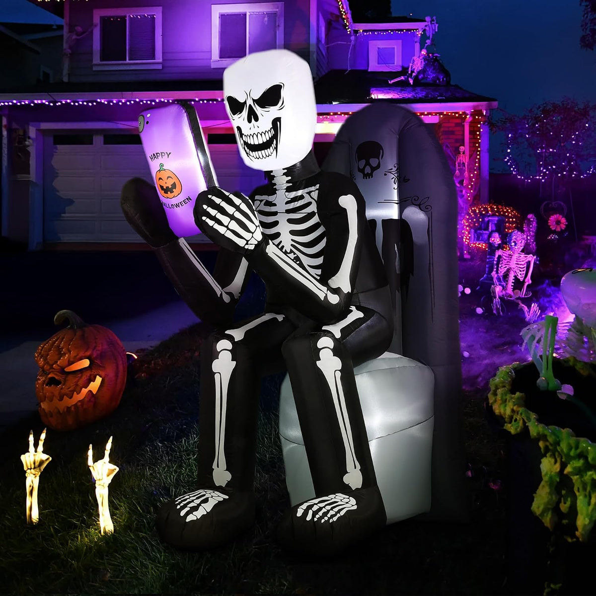BLOOMWIN 6 FT Halloween Inflatable Outdoor Decoration Skeleton & Tombstone / Blow Up, Built-in LED Lights,