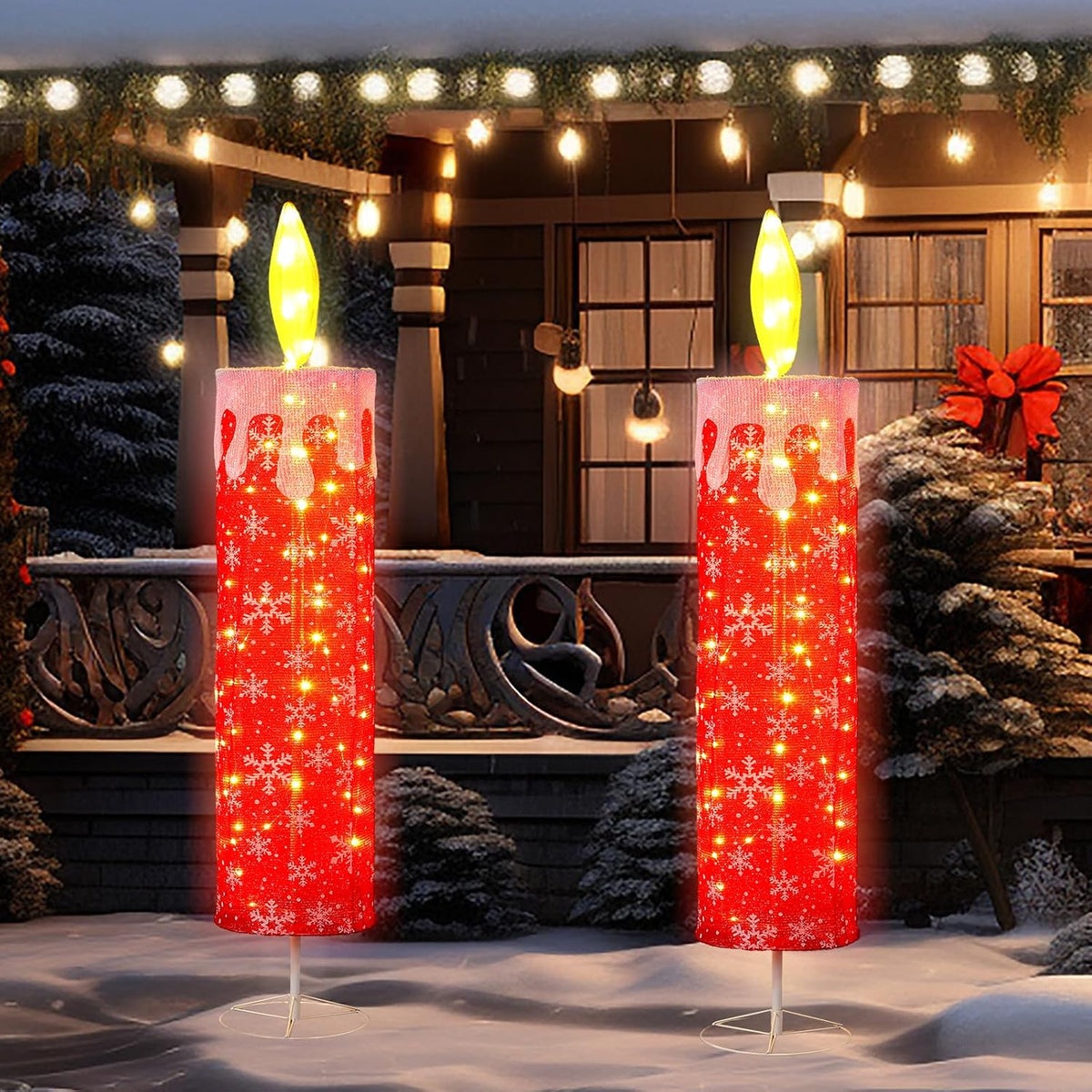 DoubleFill 2 Pack 5.2 ft Christmas LED Candle Decoration with Flickering Flame, Red Glitter 3D Design, Prelit