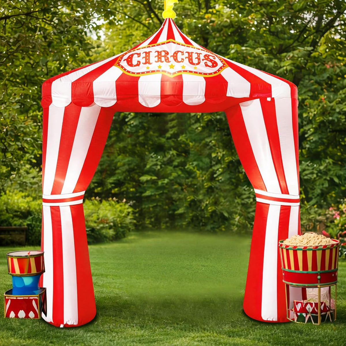 10ft Carnival Circus Tent Party Decorations, Red and White Striped Inflatable Arch with Build in LED Lights,