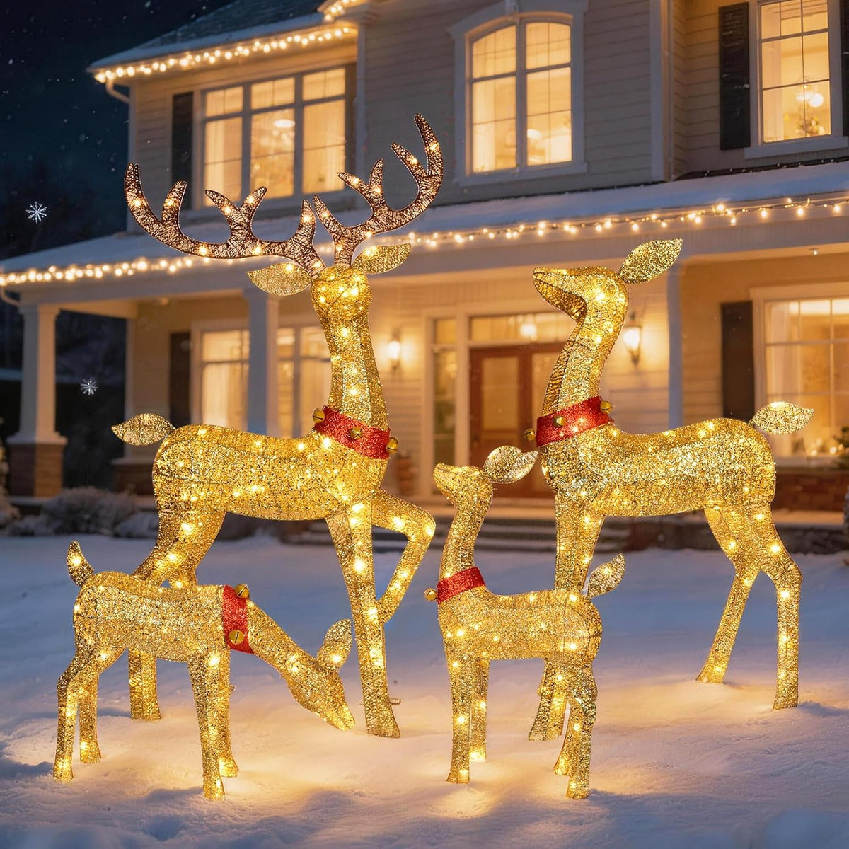 Holilite Christmas Deer Outdoor Decorations - 4 Piece 3D Lighted Deer Family Set with 245 LED Lights, Yard