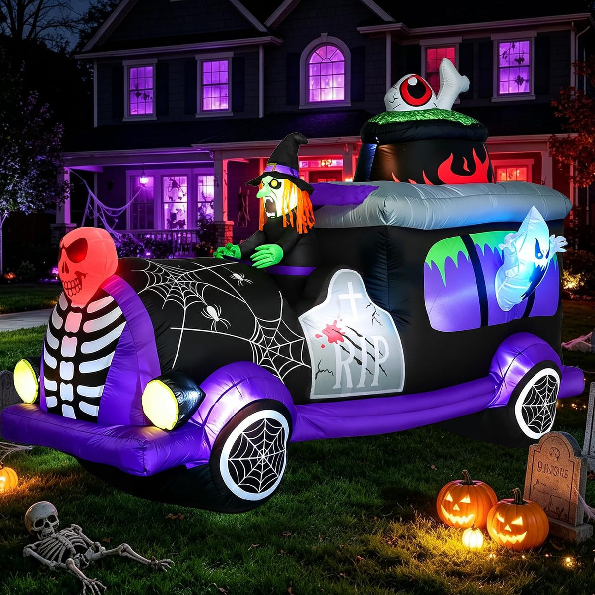 7.9 ft Inflatable Witch Hearse with Ghost Skeletons, Halloween outdoor decoration