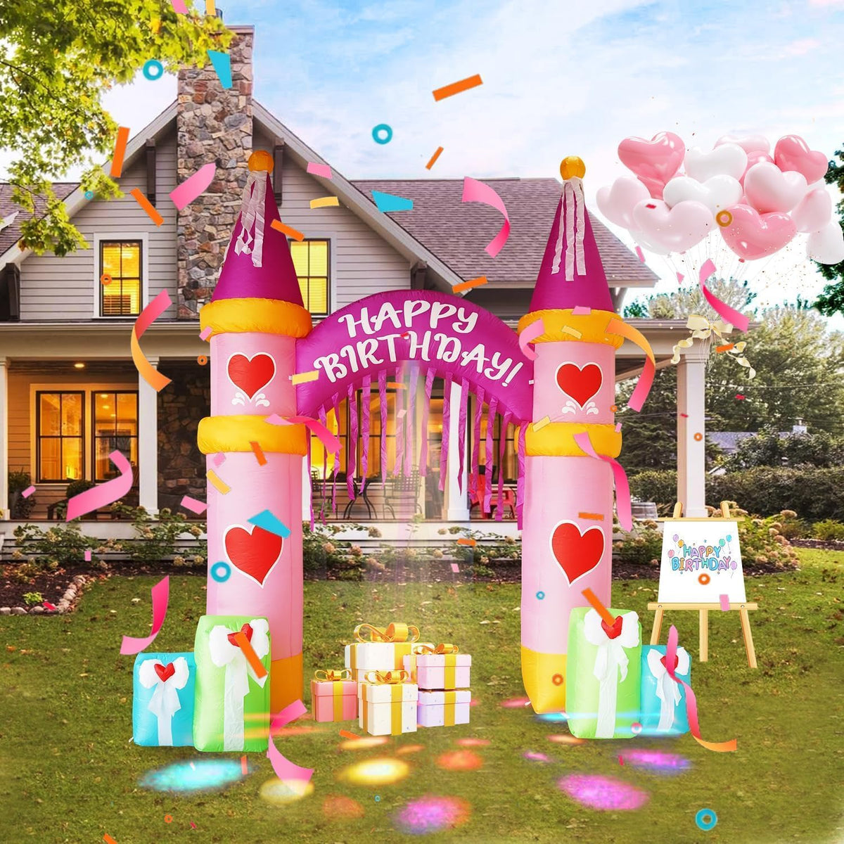 10 FT Birthday Castle Inflatable Archway with Tassels Built-in LED Kaleidoscope Lights, Princess Themed Bir