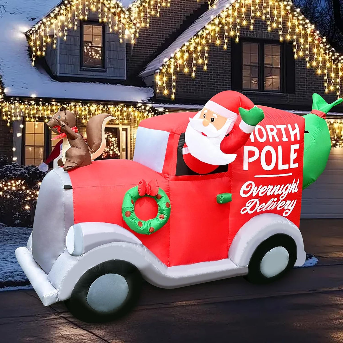 QEOIYDE 6FT Christmas Inflatable Decoration Santa in North Pole Overnight Delivery Car with Squirrel Front