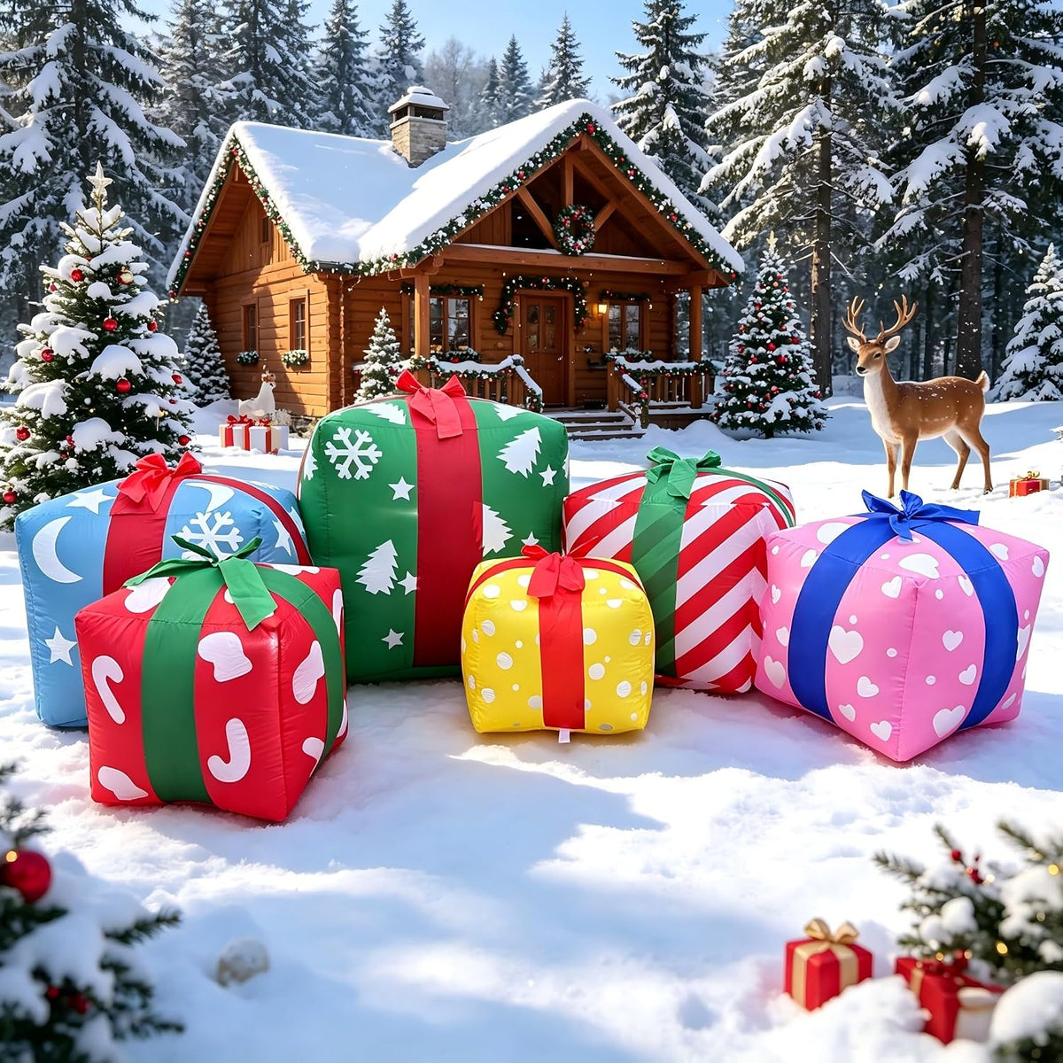 8 FT Colorful Christmas Inflatable Gift Boxes, 6 Pcs Multi-Pattern Christmas Blow Up Gift Box Decorations